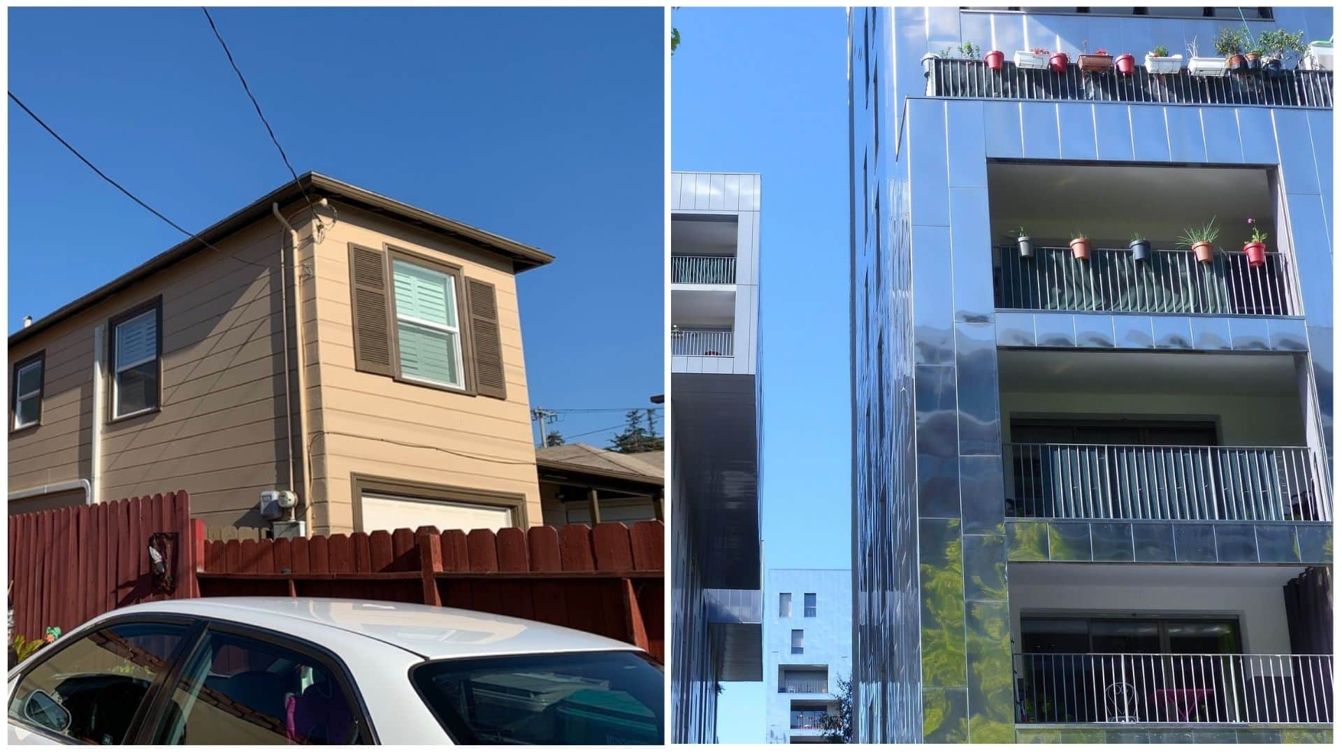 Building from Oakland EcoBlock on the left and building from Lyon Confluence district on the right.