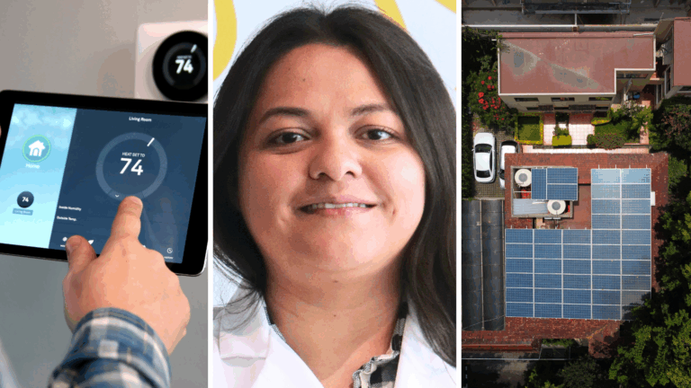 Collage of Isabel Mendez, a smart thermostat, and solar panels on a home in Mexicco
