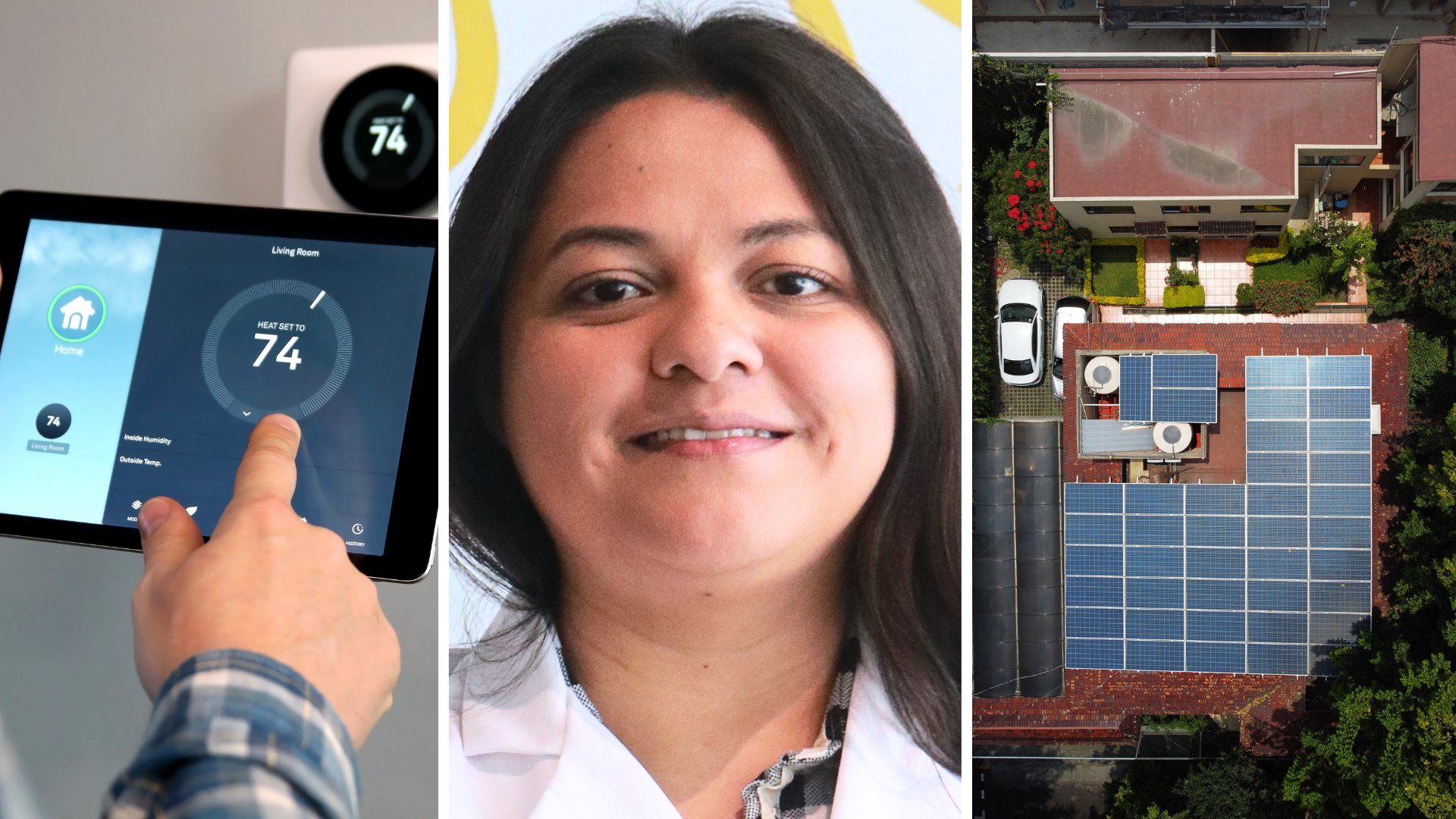 Collage of Isabel Mendez, a smart thermostat, and solar panels on a home in Mexicco