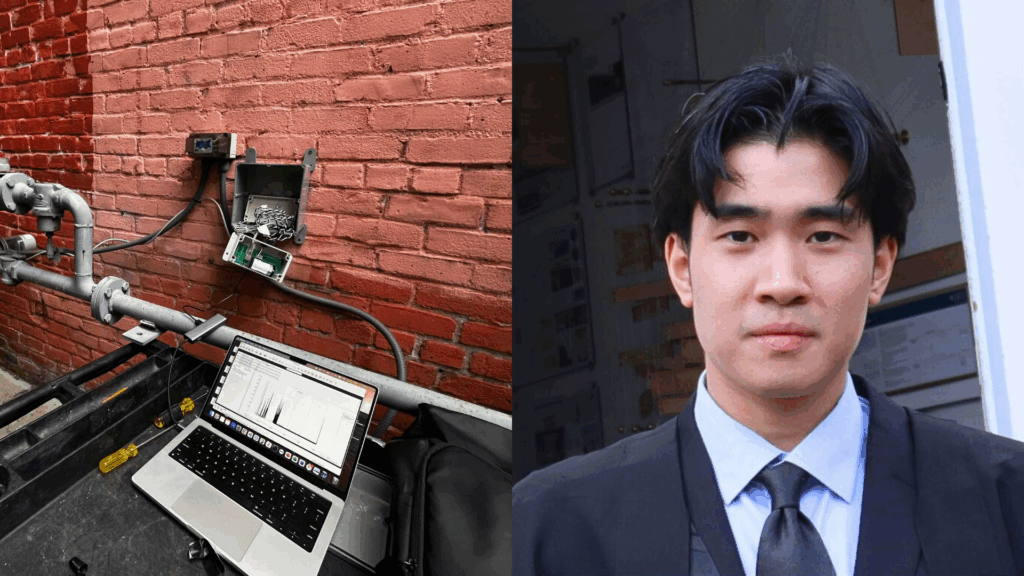 Collage of Aoyu's headshot and a laptop connected to a water-testing mechanism