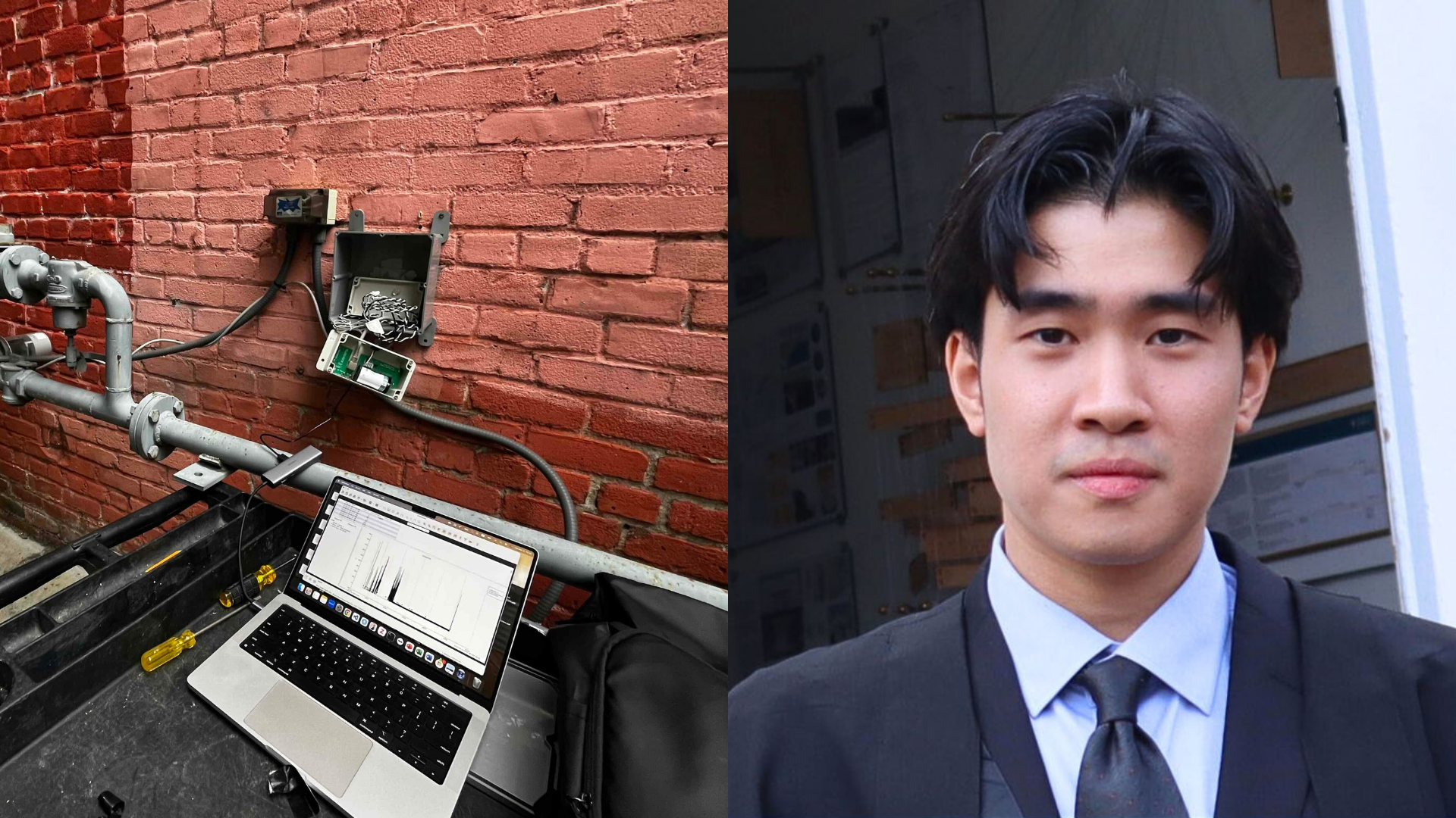 Collage of Aoyu's headshot and a laptop connected to a water-testing mechanism