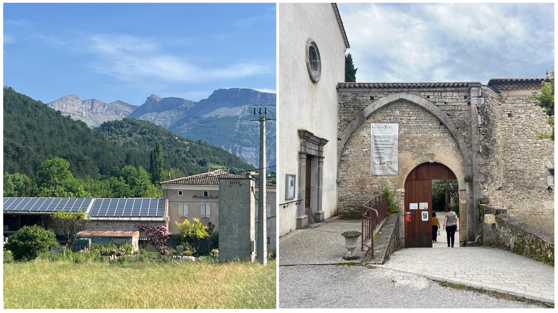 Buildings with solar panels in Saint Julien en Quint and entry to monastery in Sainte Croix.
