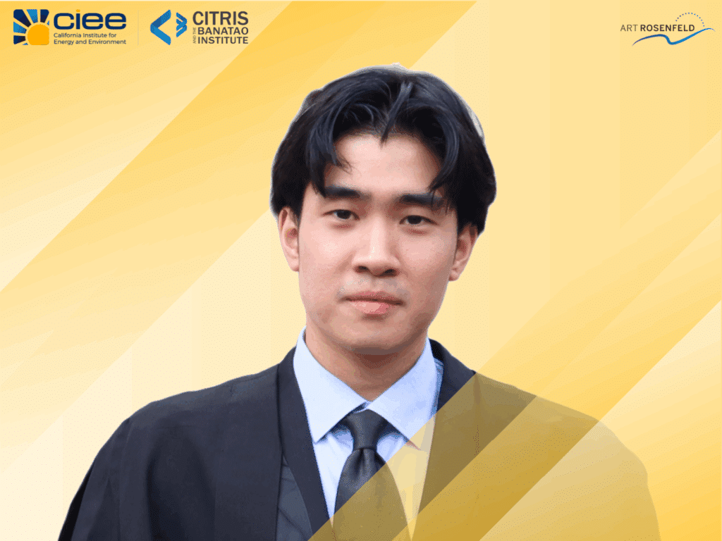 Aoyu Zou in a black suit. Text reads: CIEE California Institute for Energy and Environment, CITRIS and the Banatao Institute, Art Rosenfeld.