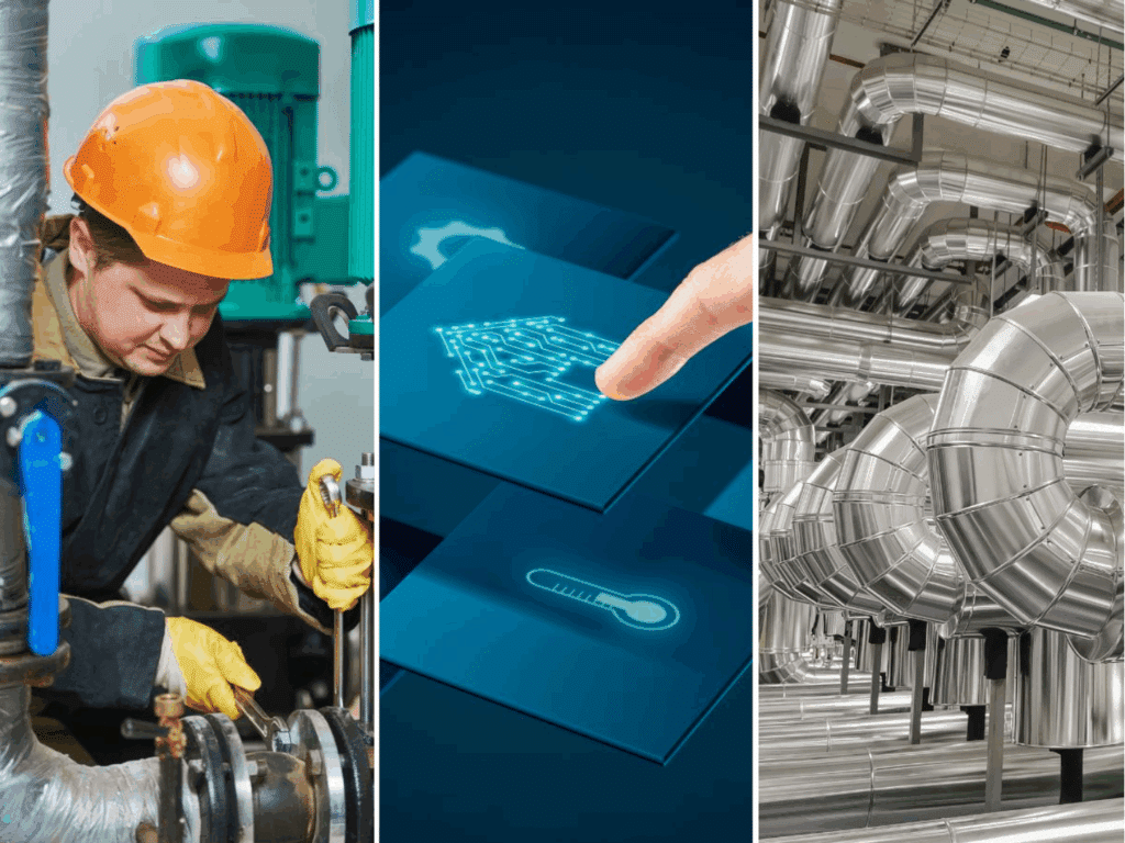 Collage of three photos: A building technician repairing heating and cooling equipment; a finger pressing a glowing icon of a smart home with icons of a sun and thermostat in the background; a commercial HVAC duct system.