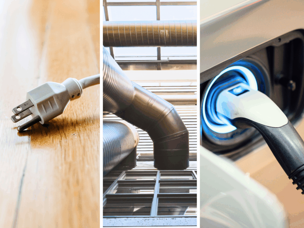 Collage of three photos: industrial ventilation ducts, an electric vehicle charging port, and an electricity plug resting on a wooden floor.
