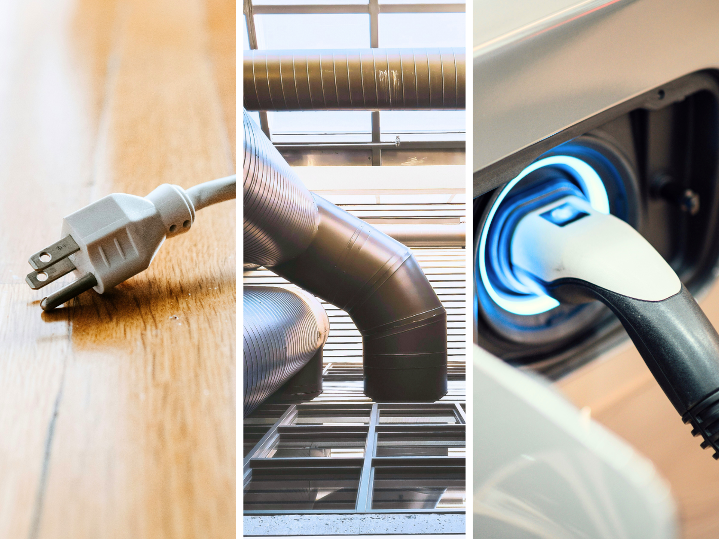 Collage of three photos: industrial ventilation ducts, an electric vehicle charging port, and an electricity plug resting on a wooden floor.