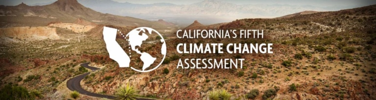 California's 5th Climate Change Assessment with line icon of California state and the globe against a background of a dessert road landscape