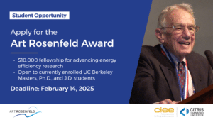 Announcement graphic with text: Apply for the Art Rosenfeld Award, a $10,000 fellowship for advancing energy efficiency research open to currently enrolled UC Berkeley Masters, Ph.D., and J.D. students. The deadline for applications is February 14, 2025. The graphic also features a photo of Art Rosenfeld speaking at an event, with logos for CIEE (California Institute for Energy and Environment) and CITRIS and the Banatao Institute at the bottom.