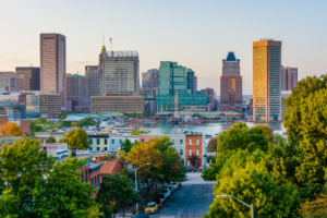 An aerial view of the Baltimore harbor and surrounding buildings