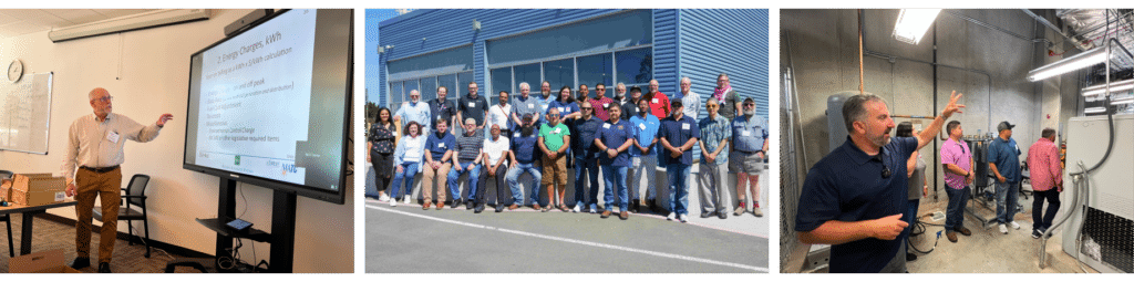 Left: Instructor gesturing to presentation slides titled “2 Energy Charges, kWh.” Center: BAS workshop participants and instructors standing in front of a blue building. Right: Group of three men in front of interior building infrastructure.