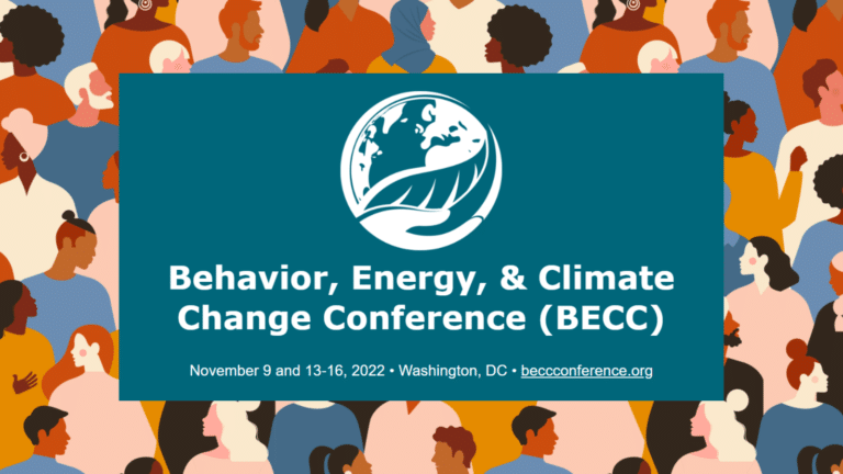 A diverse crowd of people in the background. Text reads: Behavior, Energy & Climate Change Conference (BECC). The BECC logo appears at the top.