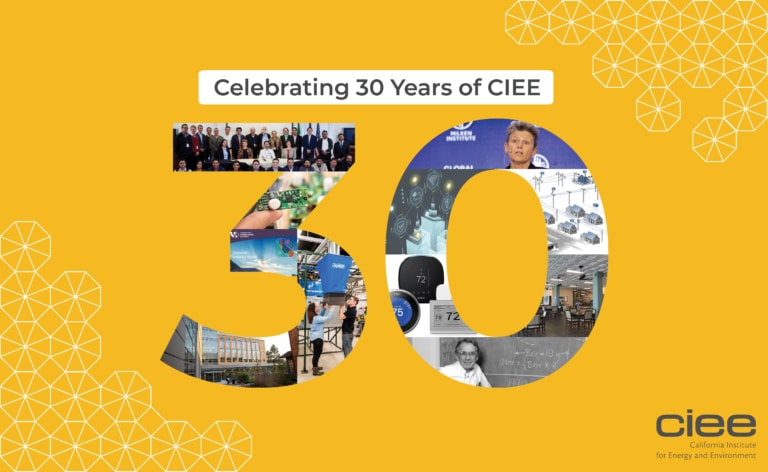 A photo collage of the number 30 against a yellow background with white geometric shapes. Text reads: Celebrating 30 Years of CIEE