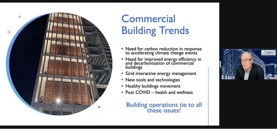Text reads: Commercial Building Trends. Need for reducing carbon emissions; increasing building energy efficiency; new tools and technologies; and the healthy buildings movement and post-COVID recovery. 