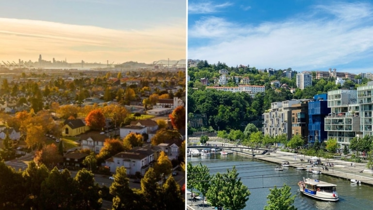 Collage of two photos: Aerial view of a residential neighborhood in Oakland, California overlooking the San Francisco skyline at sunset; a modern, mixed-use neighborhood overlooking a river in Lyon, France.