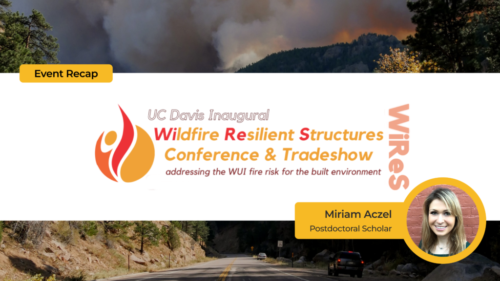 White banner with text "Event Recap," "Miriam Aczel" and WiReS logo overlaid on image of wildfire