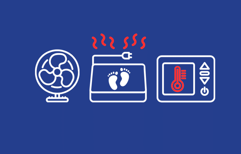 A clipart collage of a fan, a foot heating pad, and a thermostat