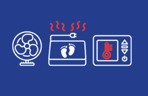 A clipart collage of a fan, a foot heating pad, and a thermostat