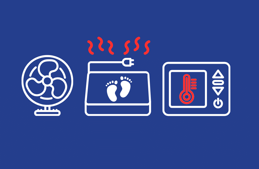 A clipart collage of a fan, a foot heating pad, and a thermostat