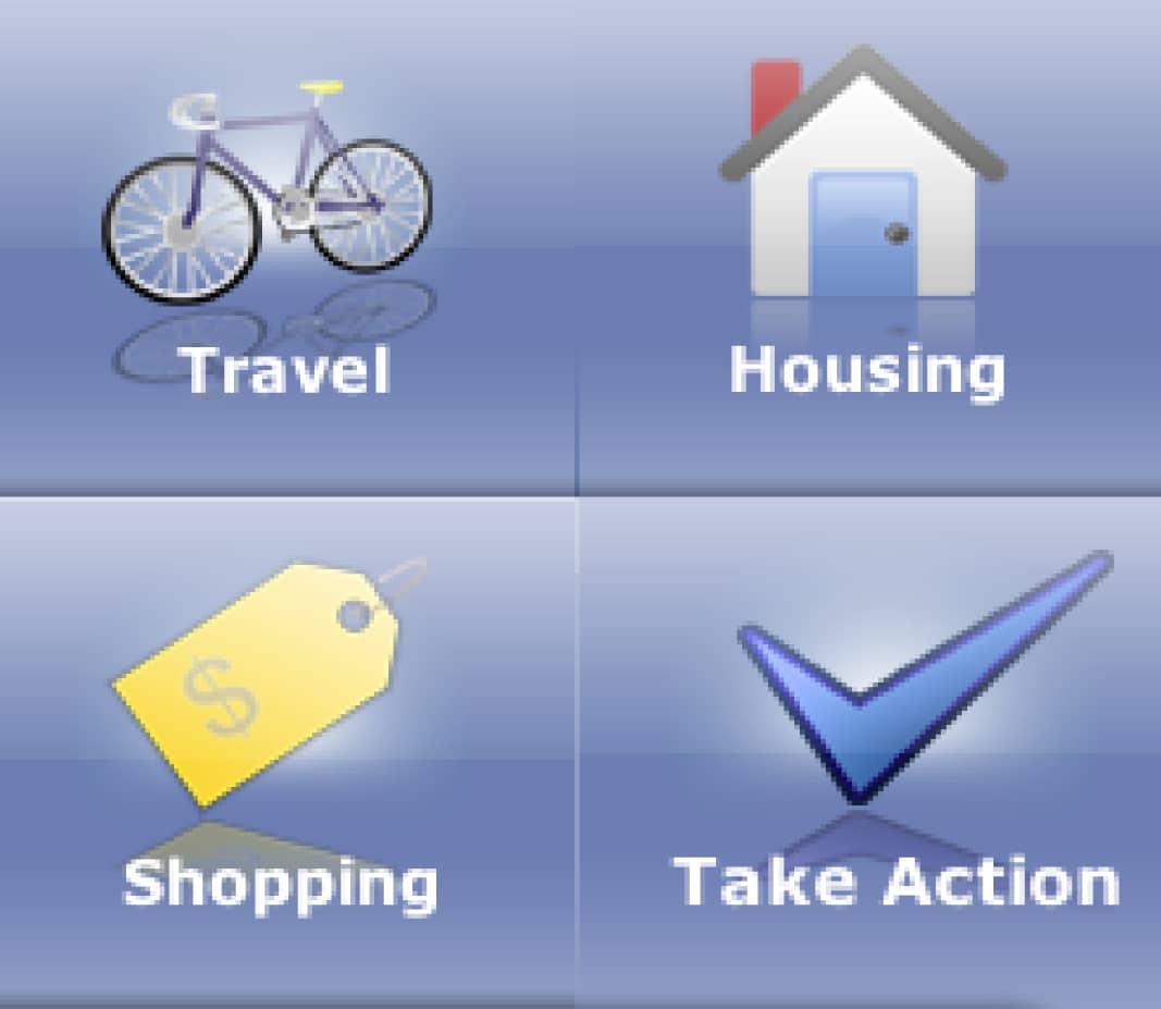 collage showing clipart depicting travel, housing, shopping, and take action
