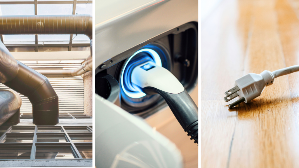 Collage of three photos: industrial ventilation ducts, an electric vehicle charging port, and an electricity plug resting on a wooden floor.