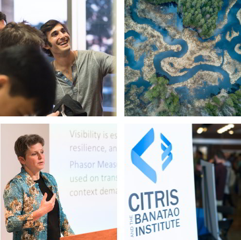 collage of a student laughing, rivers and trees, sascha von meier speaking at a conference, and a banner with the CITRIS logo